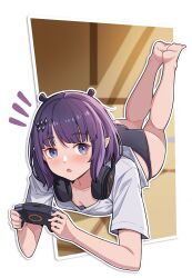 Rule 34 | 1girl, absurdres, barefoot, black panties, blue eyes, blunt bangs, blush, breasts, cleavage, collarbone, controller, feet, full body, headphones, headphones around neck, highres, holding, holding controller, hololive, hololive english, looking at viewer, lying, ninomae ina&#039;nis, ninomae ina&#039;nis (loungewear), nuebunny, official alternate costume, on stomach, open mouth, panties, pointy ears, purple hair, shirt, short hair, short sleeves, sidelocks, small breasts, soles, solo, the pose, underwear, virtual youtuber, white shirt