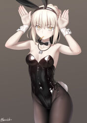 Rule 34 | 1girl, absurdres, animal ears, artoria pendragon (all), artoria pendragon (fate), besmiled, black leotard, black ribbon, blonde hair, braid, breasts, brown pantyhose, covered navel, detached collar, fake animal ears, fate/grand order, fate (series), french braid, hair bun, hair ribbon, highleg, highleg leotard, highres, leotard, long hair, looking at viewer, medium breasts, pantyhose, playboy bunny, rabbit ears, rabbit pose, rabbit tail, ribbon, saber alter, sidelocks, tail, wrist cuffs, yellow eyes