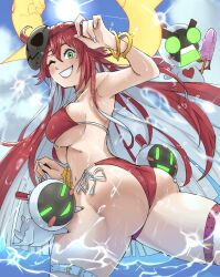 Rule 34 | 1girl, ass, bodysuit, breasts, spiked halo, gloves, green eyes, guilty gear, guilty gear strive, halo, highres, jack-o&#039; valentine, large breasts, long hair, looking at viewer, looking back, multicolored hair, multiple views, open mouth, red hair, smile, solo, swimsuit, thick thighs, thigh strap, thighs, two-tone hair, wanderjegson, white hair