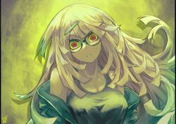 Rule 34 | 1girl, absurdres, artist logo, dilated pupils, floating hair, frown, glasses, green-framed eyewear, grey hair, grey tank top, hair ornament, hairclip, head tilt, highres, jacket, long hair, looking at viewer, messy hair, off shoulder, ootato, open clothes, open jacket, original, parted lips, red eyes, solo, staring, tank top, upper body, yellow background