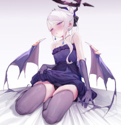 Rule 34 | 1girl, absurdres, asymmetrical sidelocks, black panties, black thighhighs, blue archive, blush, clothes lift, demon horns, demon wings, dress, dress lift, earrings, elbow gloves, gem, gloves, grey hair, highres, hina (blue archive), hina (dress) (blue archive), horns, jewelry, lifted by self, looking at viewer, necklace, official alternate costume, panties, purple dress, purple eyes, purple gloves, rounan58287, sitting, skindentation, solo, thighhighs, underwear, wings, yokozuwari