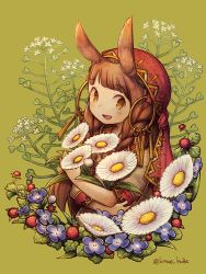 Rule 34 | 1girl, animal ears, blue flower, braid, brown hair, commentary request, flower, green background, holding, holding flower, kiitos, leaf, long sleeves, looking at viewer, open mouth, original, plant, rabbit ears, red flower, red headwear, short sleeves, simple background, smile, solo, twin braids, twintails, twitter username, white flower
