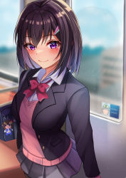 Rule 34 | 1girl, azki (hololive), bag, black hair, blazer, bow, character doll, facial mark, hair ornament, hairclip, highres, hololive, jacket, charm (object), looking at viewer, purple eyes, school bag, school uniform, smile, solo, sweater vest, tokino sora, virtual youtuber, zacky