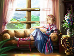 Rule 34 | 1girl, alice margatroid, bad id, bad pixiv id, bird, blonde hair, blue dress, blue sky, capelet, cloud, couch, curtains, day, dress, closed eyes, flower, forest, hairband, leg ribbon, nature, path, puffy short sleeves, puffy sleeves, ribbon, road, saber 01, sash, shirt, short sleeves, sitting, sky, solo, table, touhou, vase, window