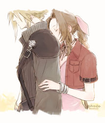 Rule 34 | 1boy, 1girl, aerith gainsborough, ancotsubu, armor, artist name, bangle, blonde hair, bracelet, braid, braided ponytail, brown hair, chest strap, choker, closed eyes, cloud strife, cropped jacket, dress, earrings, final fantasy, final fantasy vii, final fantasy vii advent children, grey shirt, hair ribbon, hand on another&#039;s arm, high collar, highres, hug, hug from behind, jacket, jewelry, long hair, parted bangs, pink dress, pink ribbon, red jacket, ribbon, ribbon choker, shirt, short hair, short sleeves, shoulder armor, sidelocks, single earring, single sleeve, spiked hair, twitter username, upper body, waist cape, wavy hair