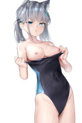 Rule 34 | 1girl, absurdres, animal ear fluff, animal ears, blue archive, blue eyes, breasts, clothes pull, competition swimsuit, covered navel, cowboy shot, cross hair ornament, groin, hair ornament, highleg, highleg swimsuit, highres, medium breasts, medium hair, mismatched pupils, nipples, one-piece swimsuit, one-piece swimsuit pull, parted lips, ponytail, pulled by self, shiroko (blue archive), shiroko (swimsuit) (blue archive), sidelocks, simple background, solo, somray, swimsuit, two-tone swimsuit, wet, wet clothes, wet swimsuit, white background