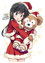 Rule 34 | 1girl, asashio (kancolle), black hair, blue eyes, blush, cropped legs, dated, fur-trimmed sleeves, fur trim, hair between eyes, hat, kantai collection, long hair, long sleeves, odawara hakone, one-hour drawing challenge, open mouth, pom pom (clothes), santa costume, santa hat, solo, sparkle background, stuffed animal, stuffed toy, teddy bear, twitter username, white background