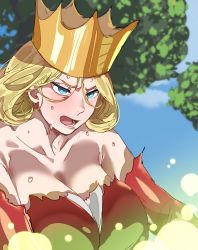 Rule 34 | 1girl, blonde hair, blue eyes, blush, bow (bhp), breasts, cleavage, copyright request, crown, dress, huge breasts, open mouth, ousama ranking, outdoors, hilling (ousama ranking), red dress, solo, sweat, upper body