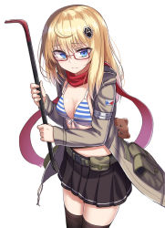 Rule 34 | 1girl, as val (girls&#039; frontline), belt, belt pouch, bikini, bikini top only, black skirt, blonde hair, blue eyes, breasts, brown thighhighs, closed mouth, coat, cowboy shot, crowbar, duplicate, front-tie bikini top, front-tie top, frown, girls&#039; frontline, glasses, grey coat, hair ornament, highres, holding, holding crowbar, long hair, long sleeves, looking at viewer, medium breasts, miniskirt, open clothes, open coat, pleated skirt, pouch, red-framed eyewear, scarf, semi-rimless eyewear, simple background, skirt, solo, striped bikini, striped clothes, swimsuit, thighhighs, white background, yakob labo, zettai ryouiki