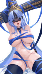 Rule 34 | 1girl, absurdres, alsace (azur lane), areola slip, arm up, armpits, azur lane, between breasts, black gloves, black thighhighs, blue eyes, blue hair, blue ribbon, blush, breast strap, breasts, collarbone, convenient censoring, cross, cum, cum in mouth, cum on body, cum on breasts, cum on upper body, cumdrip, detached collar, e.c.ho, flying sweatdrops, gloves, headgear, heart, heart-shaped pupils, highres, large breasts, long hair, looking at viewer, naked ribbon, navel, no mask, nose blush, nude, open mouth, parted bangs, restrained, ribbon, sidelocks, simple background, sitting, skindentation, solo, strap between breasts, sweat, symbol-shaped pupils, tears, thighhighs, tongue, tongue out, variant set, very long hair, wavy mouth, white background