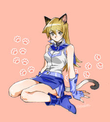 Rule 34 | 1girl, 203wolves, animal ears, bare shoulders, belt, blonde hair, blue footwear, blue gloves, blue sailor collar, blue skirt, breasts, buttons, cat day, cat ears, cat tail, closed mouth, commentary request, duel academy uniform (yu-gi-oh! gx), fingerless gloves, full body, gloves, hair between eyes, high collar, long hair, looking at viewer, medium breasts, miniskirt, sailor collar, shirt, signature, simple background, sitting, skirt, sleeveless, sleeveless shirt, solo, straight hair, tail, tenjouin asuka, turtleneck, wariza, yu-gi-oh!, yu-gi-oh! gx