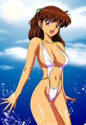 Rule 34 | 1girl, anice farm, breasts, brown eyes, brown hair, chouon senshi borgman, covered erect nipples, gentoku, half updo, highres, large breasts, long hair, one-piece swimsuit, solo, swimsuit