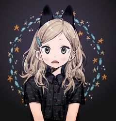 Rule 34 | 1girl, :&lt;, air bubble, animal ears, animal hair ornament, animal print, black background, black shirt, blonde hair, blush, bubble, cat ears, collared shirt, dark background, dot nose, dress shirt, fake animal ears, fang, fish, fish hair ornament, fish print, fusuma (nohbrk), hair behind ear, hair ornament, hair over shoulder, hairclip, hatching (texture), highres, jpeg artifacts, linear hatching, long hair, looking at viewer, open mouth, original, parted bangs, print shirt, shirt, short sleeves, solo, starfish, straight-on, triangle mouth, upper body, vignetting, wavy hair, wing collar, yellow eyes