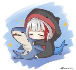Rule 34 | 1girl, admiral graf spee (azur lane), artist request, azur lane, chibi, fins, fish tail, full body, highres, holding, holding stuffed toy, multicolored hair, red hair, shark, shark tail, short hair, signature, sleeping, solo, streaked hair, stuffed animal, stuffed shark, stuffed toy, tail, white hair