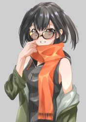 Rule 34 | 1girl, absurdres, bare shoulders, black-framed eyewear, black hair, black hoodie, brown eyes, commentary, drawstring, glasses, green jacket, grey background, hair between eyes, highres, hood, hood down, hoodie, jacket, kantai collection, looking at viewer, off shoulder, official alternate costume, open clothes, open jacket, orange scarf, parted lips, scarf, sendai (kancolle), short hair, short twintails, simple background, sleeveless, sleeveless hoodie, smile, solo, tanabe (fueisei), twintails, upper body