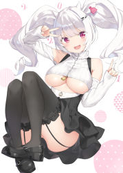 Rule 34 | 1girl, 2021, :d, animal ears, arm up, ass, bare shoulders, black footwear, black skirt, black thighhighs, blush, breasts, cleavage, clothing cutout, commentary request, cow ears, cow horns, frilled thighhighs, frills, garter straps, hair ornament, hairclip, highres, horns, index finger raised, kani biimu, large breasts, long hair, long sleeves, open mouth, original, pleated skirt, red eyes, shoes, shoulder cutout, sidelocks, skindentation, skirt, sleeves past wrists, smile, solo, suspender skirt, suspenders, sweater, thighhighs, turtleneck, turtleneck sweater, twintails, underboob, underboob cutout, v, very long hair, white background, white hair, white sweater