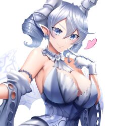 Rule 34 | 1girl, bare shoulders, blush, breasts, choker, cleavage, closed mouth, curecycadura, demon girl, demon horns, demon wings, detached sleeves, duel monster, earrings, gloves, grey eyes, heart, highres, horns, jewelry, large breasts, looking at viewer, lovely labrynth of the silver castle, pointy ears, solo, strapless, swept bangs, twintails, wings, yu-gi-oh!