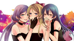 Rule 34 | 10s, 3girls, aqua eyes, armband, ayase eli, bare shoulders, black dress, black gloves, blonde hair, blue eyes, blue hair, blush, bow, brown eyes, choker, collarbone, dress, earrings, female focus, girl sandwich, gloves, gradient background, green eyes, grin, hair between eyes, hair bow, hair ribbon, holding another&#039;s wrist, jewelry, kirishima ria, long hair, looking at viewer, love live!, love live! school idol project, low twintails, multiple girls, naughty face, neck, parted lips, purple hair, ribbon, sandwiched, shirt, sleeveless, sleeveless shirt, smile, sonoda umi, strapless, strapless dress, tojo nozomi, twintails, upper body, yellow eyes, yuri