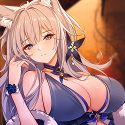 Rule 34 | 1girl, absurdres, animal ear fluff, animal ears, azur lane, bare shoulders, blue butterfly, blue dress, blue eyes, blush, breasts, bug, butterfly, cleavage, colored pencil (medium), dress, fox ears, grey hair, hair ornament, highres, insect, kitsune, large breasts, long hair, looking at viewer, marker (medium), millipen (medium), rabe26k, shinano (aircraft carrier), shinano (azur lane), shinano (dreams of the hazy moon) (azur lane), solo, traditional media