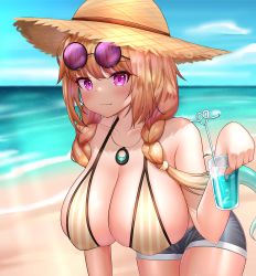 Rule 34 | 1girl, aqua nails, arknights, bad id, bad pixiv id, beach, bikini, blonde hair, blush, braid, breasts, cleavage, collarbone, crazy straw, cup, day, deaver, drinking glass, drinking straw, eyewear on head, grey bikini, grey shorts, hat, heart straw, highres, holding, holding cup, huge breasts, jewelry, long hair, looking at viewer, magenta eyes, nail polish, necklace, ocean, official alternate costume, outdoors, pink eyes, sand, short shorts, shorts, solo, striped bikini, striped clothes, sun hat, sunglasses, swimsuit, twin braids, utage (arknights), utage (summer flowers) (arknights), vertical-striped bikini, vertical-striped clothes