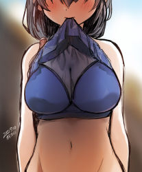Rule 34 | 1girl, bikini, black hair, blue bikini, blurry, blurry background, blush, breasts, cleavage, clothes in mouth, covered erect nipples, dated, hair between eyes, head out of frame, jingei (kancolle), kantai collection, kirisawa juuzou, large breasts, mouth hold, navel, shirt in mouth, signature, simple background, solo, swimsuit, teeth, upper teeth only