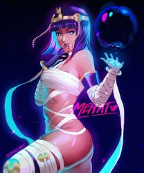 Rule 34 | 1girl, alternate costume, ass, bandages, blue eyes, blunt bangs, bob cut, bracelet, breasts, capcom, character name, circlet, commentary, crystal ball, curvy, dark-skinned female, dark skin, egyptian, english commentary, eyeshadow, fingerless gloves, flat ass, gloves, hand on own face, hanny (uirusu chan), highres, huge ass, jewelry, lipstick, makeup, medium breasts, menat, mummy costume, nail polish, naked bandage, official alternate costume, purple hair, purple lips, purple nails, short hair, single glove, skindentation, solo, street fighter, street fighter v, thick thighs, thighs, wide hips
