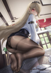 Rule 34 | 1girl, absurdres, ass, black panties, black pantyhose, black skirt, blonde hair, blush, breasts, broken plate, chinese commentary, commentary request, from side, hair over one eye, highres, honkai (series), honkai impact 3rd, indoors, kneeling, large breasts, long hair, long sleeves, looking at viewer, one eye covered, panties, pantyhose, parted lips, plate, purple eyes, rita rossweisse, rita rossweisse (fallen rosemary), shattered, shirt, shirt tucked in, skirt, smile, soles, thighband pantyhose, thighs, underwear, white shirt, wu ganlan cai