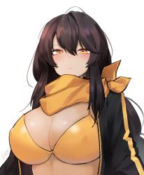 Rule 34 | 1girl, absurdres, black hair, blush, breasts, cleavage, closed mouth, counter:side, dark-skinned female, dark skin, highres, large breasts, long hair, looking at viewer, nina anderson, resolution mismatch, signature, solo, source smaller, white background, yellow eyes, zanlyu