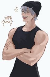 Rule 34 | 1boy, :p, akutami gege (avatar), bare arms, beanie, black hat, black pants, black tank top, blue eyes, colored eyelashes, cowboy shot, crossed arms, earrings, eyelashes, from side, gojou satoru, hair between eyes, hat, highres, jewelry, jujutsu kaisen, looking to the side, male focus, muscular, muscular male, pants, short hair, simple background, smile, solo, tank top, thatsallitchief, tongue, tongue out, watermark, white background, white hair