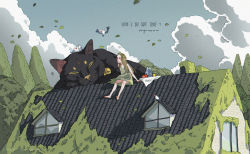 Rule 34 | 1girl, animal, artist name, black cat, blonde hair, blue sky, building, cat, cloud, commentary, dated, day, dress, english commentary, closed eyes, falling leaves, fish, green dress, highres, house, jar, leaf, long hair, moss, on roof, original, overgrown, oversized animal, rooftop, sitting, sky, sleeping animal, sleeveless, sleeveless dress, solo, sunlight, tree, watermark, web address, window, xi zhang