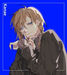 Rule 34 | 1boy, black jacket, blue background, blue eyes, brown hair, character name, colored eyelashes, commentary request, ear piercing, earrings, framed, grey sweater, hair between eyes, half-closed eyes, hand on own face, hand up, highres, jacket, jewelry, kanae (nijisanji), korean commentary, long sleeves, looking at viewer, low ponytail, male focus, medium hair, mole, mole under eye, mometsu 033, nijisanji, outside border, piercing, simple background, sleeves past wrists, smile, solo, stud earrings, sweater, turtleneck, turtleneck sweater, upper body, virtual youtuber