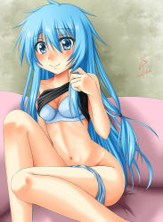 Rule 34 | 1girl, bare shoulders, blue eyes, blue hair, blush, bra, breasts, cleavage, clothes lift, duel monster, eria (yu-gi-oh!), eria the water charmer, female focus, gradient background, highres, long hair, matching hair/eyes, midriff, navel, panties, shirt lift, solo, underwear, undressing, yu-gi-oh!, yu-gi-oh! duel monsters