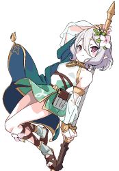 Rule 34 | 1girl, antenna hair, arm up, bag, blush, breasts, bridal gauntlets, closed mouth, detached sleeves, dress, elf, flower, full body, green dress, grey hair, hair between eyes, hair flower, hair ornament, hibimegane, holding, kokkoro (princess connect!), pointy ears, pouch, princess connect!, revision, see-through, see-through sleeves, short hair, simple background, small breasts, smile, solo, white background, white flower