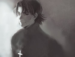 Rule 34 | 1boy, bad id, bad pixiv id, cross, cross necklace, fate/stay night, fate (series), greyscale, jewelry, kotomine kirei, male focus, monochrome, necklace, solo, taa (acid)