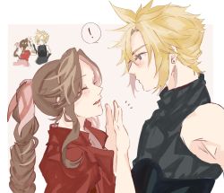 Rule 34 | !, 1boy, 1girl, aerith gainsborough, blonde hair, blue eyes, blush, braid, braided ponytail, brown hair, chibi, closed eyes, cloud strife, couple, dress, earrings, final fantasy, final fantasy vii, final fantasy vii remake, hair between eyes, hair ribbon, hands up, high five, highres, jacket, jewelry, long hair, looking at another, nitijoy2, parted bangs, parted lips, pink dress, pink ribbon, red jacket, ribbon, short hair, sidelocks, single earring, sleeveless, sleeveless turtleneck, smile, spiked hair, turtleneck, upper body, wavy hair