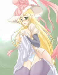 Rule 34 | bad id, bad pixiv id, blonde hair, blush, bonnet, breasts, clothes lift, dress, dress lift, green eyes, hat, large breasts, long hair, momio, panties, pantyshot, pointy ears, ribbon, skirt, skirt lift, solo, thighhighs, underwear, white panties