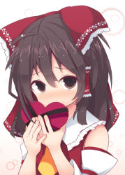 Rule 34 | 1girl, ahoge, ascot, bad id, bad pixiv id, beni shake, blush, bow, box, brown eyes, brown hair, candy, chocolate, chocolate heart, detached sleeves, expressive clothes, food, gift, gift box, hair bow, hair ribbon, hair tubes, hakurei reimu, heart, looking at viewer, nervous, nontraditional miko, ribbon, shy, solo, touhou, valentine