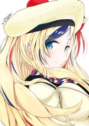 Rule 34 | 1girl, anchor hair ornament, beret, blonde hair, blue eyes, blue hair, commandant teste (kancolle), commentary request, hair ornament, hat, highres, kantai collection, long hair, looking at viewer, multicolored clothes, multicolored hair, multicolored scarf, pom pom (clothes), red hair, scarf, simple background, solo, streaked hair, swept bangs, upper body, wavy hair, white background, yuzumaki tajii