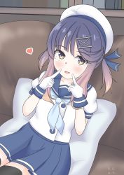 Rule 34 | 1girl, absurdres, black thighhighs, blue neckerchief, blue ribbon, blue sailor collar, blue skirt, couch, cowboy shot, gloves, gradient hair, hat, highres, index finger raised, kantai collection, looking at viewer, multicolored hair, neckerchief, nessui, orange hair, pillow, pleated skirt, pointing, puffy short sleeves, puffy sleeves, purple eyes, purple hair, ribbon, sailor collar, sailor hat, school uniform, serafuku, short hair, short sleeves, sidelocks, skirt, solo, thighhighs, tsushima (kancolle), white gloves, white hat