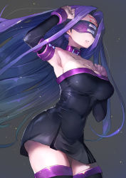 Rule 34 | 1girl, arm up, armpits, bare shoulders, blindfold, breasts, collar, collarbone, commentary request, covered navel, dress, elbow gloves, facial mark, fate/stay night, fate (series), forehead mark, gloves, grey background, highres, large breasts, long hair, looking away, medusa (fate), medusa (rider) (fate), parted lips, purple eyes, purple hair, short dress, simple background, solo, strapless, strapless dress, taishi (picchiridou), thighhighs, very long hair, zettai ryouiki