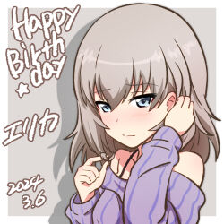Rule 34 | 1girl, blue eyes, blue sweater, blush, casual, character name, closed mouth, dated, ehirorotoon, english text, girls und panzer, grey background, grey hair, half-closed eyes, hand in own hair, happy birthday, highres, itsumi erika, light smile, long sleeves, looking at viewer, medium hair, off-shoulder sweater, off shoulder, shadow, solo, sweater, twirling hair