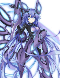 Rule 34 | 1girl, absurdres, blue eyes, blush, bodysuit, breasts, closed mouth, commentary request, full body, hair between eyes, headgear, highres, holding, holding sword, holding weapon, long hair, looking at viewer, nepsuka (hachisuka), neptune (neptunia), neptune (series), next form, next purple, power symbol, power symbol-shaped pupils, purple hair, purple heart (neptunia), simple background, skin tight, smile, solo, sword, symbol-shaped pupils, weapon, white background