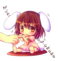 Rule 34 | 1girl, aged down, animal ears, baby, barefoot, biting, bloomers, blush, brown hair, carrot, chewing, chibi, chocolat (momoiro piano), dress, feet, female focus, finger biting, full body, inaba tewi, partially translated, rabbit ears, rabbit girl, rabbit tail, short hair, simple background, soles, solo, solo focus, tail, toes, touhou, translation request, underwear