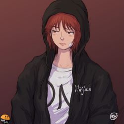 Rule 34 | 1girl, arc the lad, arc the lad iii, bandage on face, bandages, black hoodie, cheryl (arc the lad), closed mouth, hood, hoodie, magmastudio, official art, red hair, short hair, simple background, solo