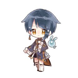 Rule 34 | 1boy, black shorts, blue coat, blue hair, boots, chibi, closed mouth, coat, commentary request, diagonal bangs, earrings, frilled sleeves, frills, full body, genshin impact, gold trim, hand up, highres, jewelry, long sleeves, looking at viewer, male focus, nekorune (bukubuku awai), parted bangs, seelie (genshin impact), short hair, short shorts, shorts, sidelocks, simple background, single earring, smile, solo, sparkle, standing, tassel, tassel earrings, vision (genshin impact), white background, white footwear, wide sleeves, xingqiu (genshin impact), yellow eyes