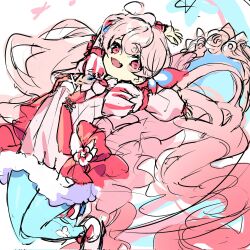 Rule 34 | 1girl, blue pantyhose, blush, bow, dress, elsword, fur-trimmed dress, fur trim, hair bow, highres, laby (elsword), long hair, long sleeves, low twintails, mirror, open mouth, pantyhose, pink dress, pink eyes, pink footwear, pink theme, radiant soul (elsword), shoes, smile, solo, tkylv1683, twintails, very long hair