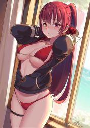 Rule 34 | 1girl, :o, arms up, bikini, black jacket, blush, breasts, cleavage, dated, day, earrings, heart, heart earrings, heart necklace, heterochromia, hololive, houshou marine, houshou marine (summer), indoors, jacket, jewelry, large breasts, long hair, long sleeves, looking at viewer, necklace, o-ring, o-ring thigh strap, open clothes, open jacket, parted lips, partially unzipped, ponytail, red bikini, red eyes, red hair, shiroi ume, signature, solo, swimsuit, thigh strap, underboob, virtual youtuber, window, yellow eyes, zipper