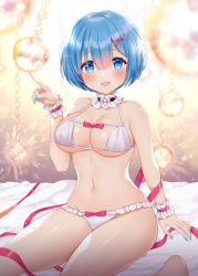 Rule 34 | 1girl, bare shoulders, blue eyes, blue hair, blue nails, blush, bra, breasts, choker, cleavage, commentary request, frilled choker, frills, hair between eyes, hair ornament, halterneck, hand up, large breasts, looking at viewer, nail polish, naomi (fantasia), navel, open mouth, panties, re:zero kara hajimeru isekai seikatsu, rem (re:zero), short hair, sitting, smile, solo, stomach, thighs, underwear, underwear only, white bra, white panties, wrist cuffs, x hair ornament