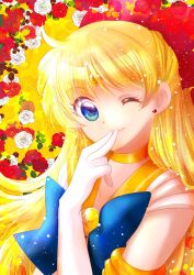 Rule 34 | aino minako, bishoujo senshi sailor moon, blue eyes, bow, flower, gloves, highres, looking at viewer, magical girl, one eye closed, red bow, rose, sailor venus, short sleeves, spicablue1, upper body, wink