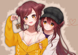 Rule 34 | 2girls, bare shoulders, blush, breasts, brown eyes, brown hair, cleavage, collarbone, commentary request, hair between eyes, harapeco, highres, holding, idolmaster, idolmaster shiny colors, long hair, looking at viewer, multiple girls, nail polish, open mouth, osaki amana, osaki tenka, siblings, sisters, smile